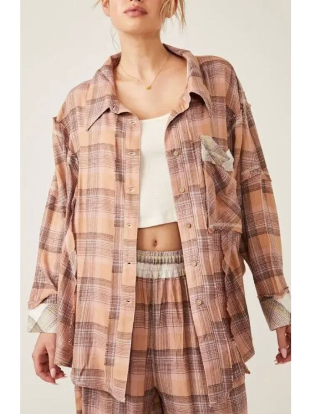 Free People Intimately Fallin' For Flannel‎ Sleep Shirt Plaid Tan Pink-sz Small